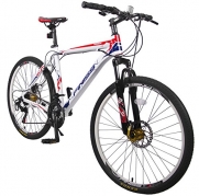 Merax Finiss 26 Aluminum 21 Speed Mountain Bike with Disc Brakes (Passion White&Red)